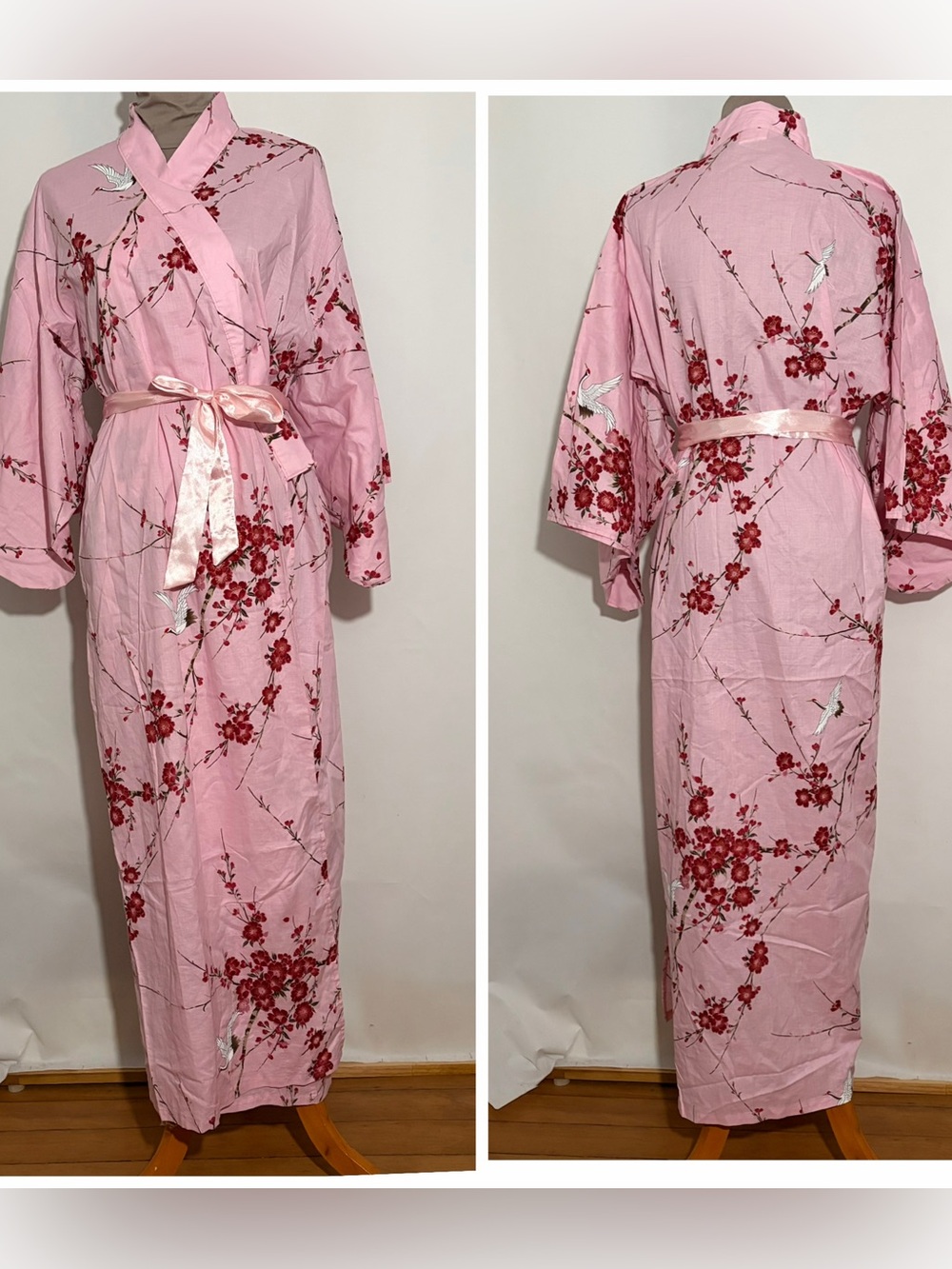 VTG Pink Cotton Floral Kimono Robe with Satin Tie One Size